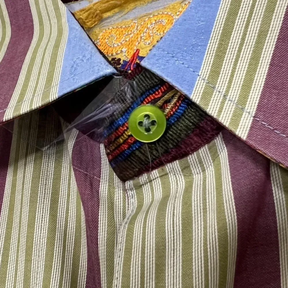 Robert Graham Button Down Shirt Flip Cuff Blue Green Striped Retro Size L